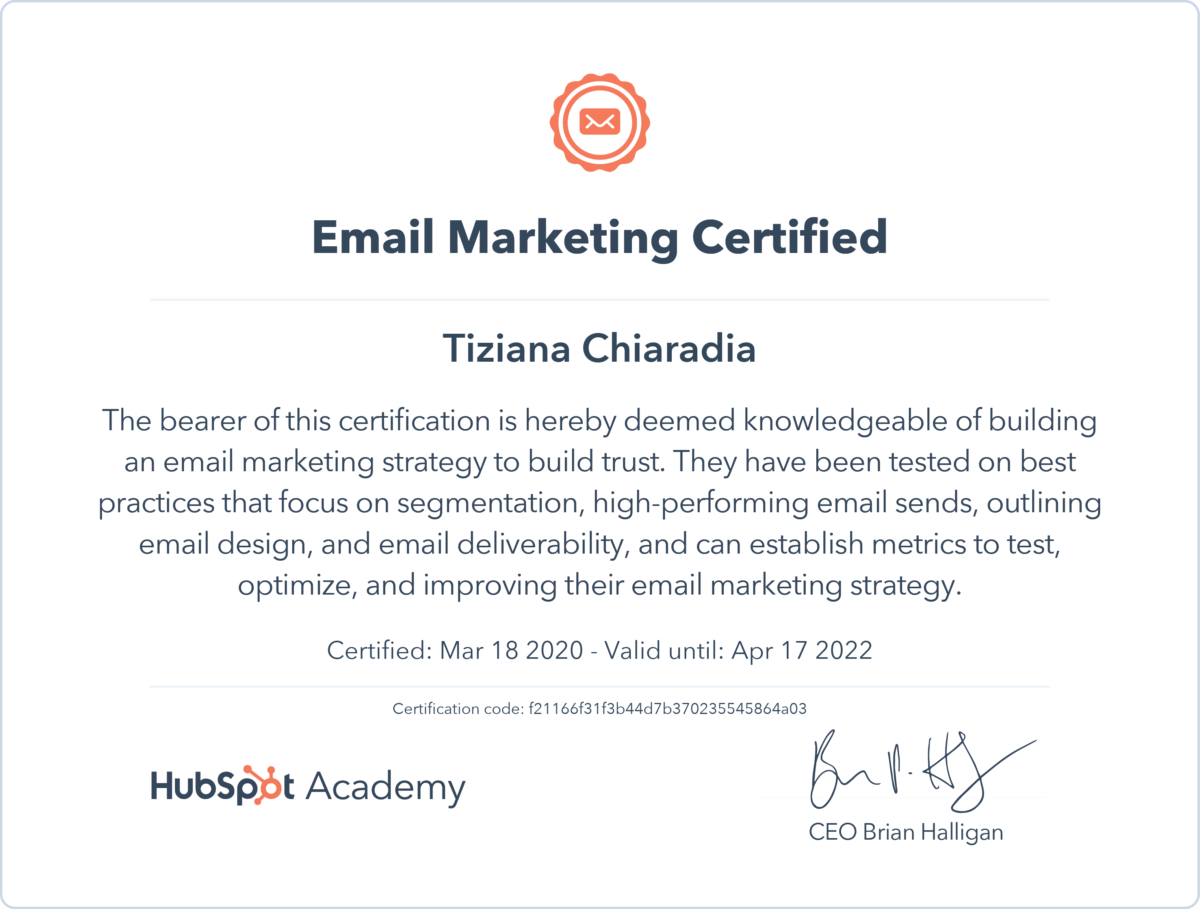 Certificazione E-mail Markteting Hubspot Tiziana Chiaradia