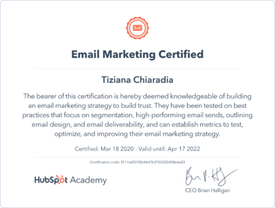 Certificazione E-mail Markteting Hubspot Tiziana Chiaradia